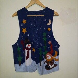 Vintage Handmade Snowman Winter Reversible Vest-One Size-Open Front-Cabin-Stars